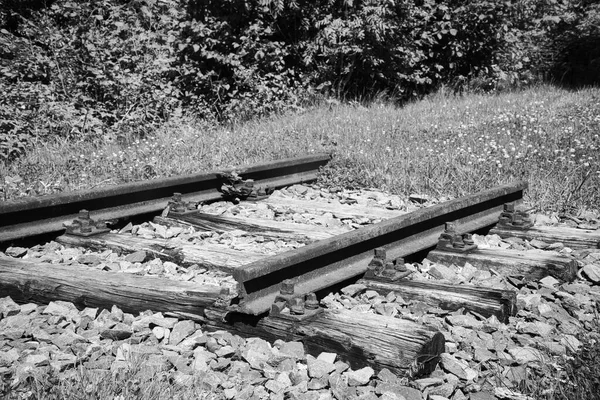 Graustufenaufnahme Von Bahngleisen — Stockfoto