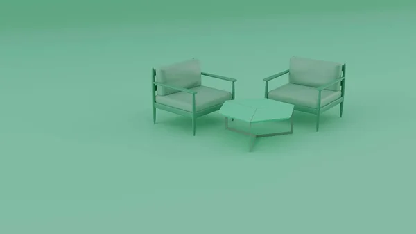 Uma Renderização Uma Sala Minimalista Com Poltronas Mesa — Fotografia de Stock