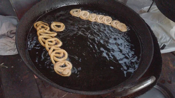 Tiro Ângulo Alto Processo Fazer Jalebi — Fotografia de Stock