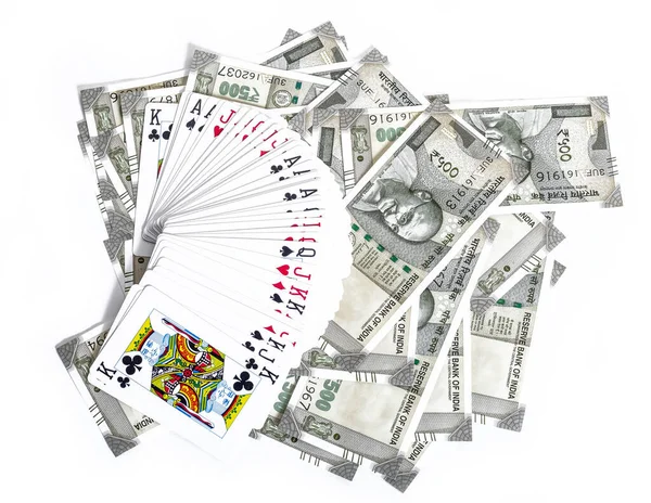 Pile Indian Rupee Bills Isolated White Background Playing Cards Top — Stock Photo, Image