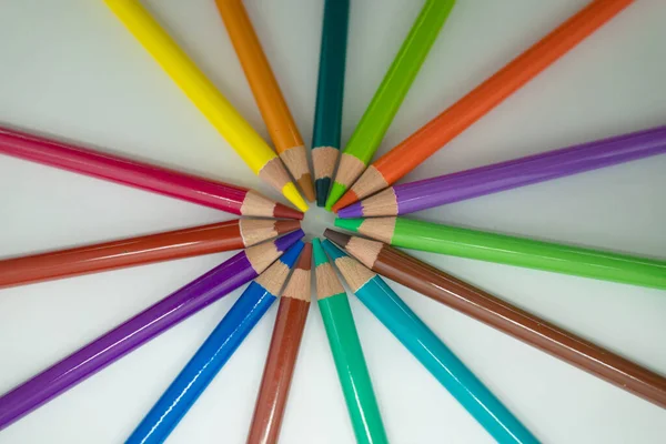 Top View Colored Pencils Forming Circle White Surface — 스톡 사진