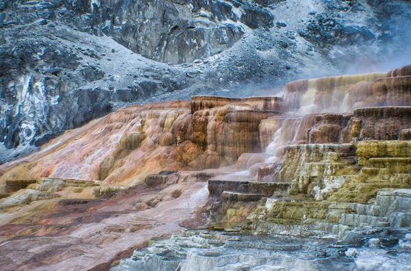 Beautiful Steamy Waterfall Next Big Mountain Bright Day Yellowstone National — Stock Photo, Image