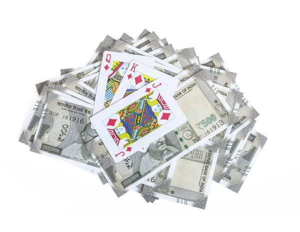 Top View Heap Indian Rupee Bills Playing Cards Top Them — 스톡 사진