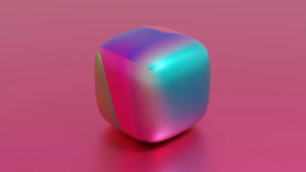 A 3D rendering of a rainbow colored cube isolated on a pink background with free space for text