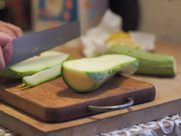 Senior Chef Cutting Organic Fresh Zucchini Wooden Board Sharp Knife — Zdjęcie stockowe