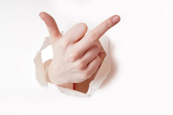 Tiro Perto Mão Uma Pessoa Rompendo Papel Mostrando Dedo Médio — Fotografia de Stock