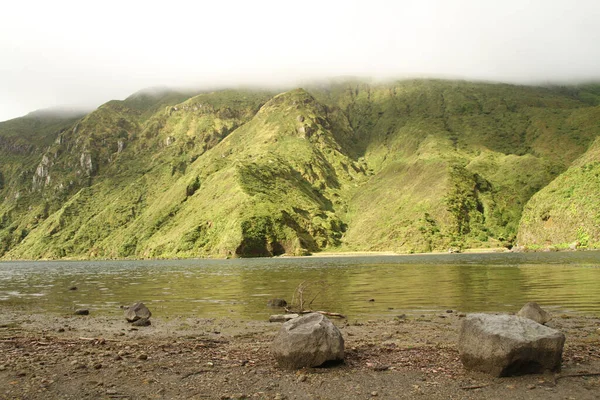 Een Lage Hoek Van Rotsen Bij Rivier Met Met Bomen — Stockfoto