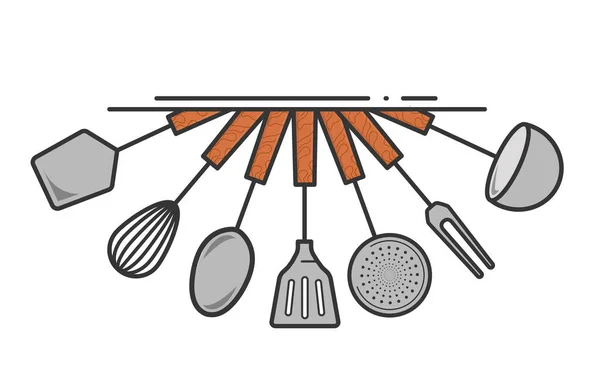 Una Ilustración Juego Herramientas Cocina Colgando Estante Aislado Sobre Fondo —  Fotos de Stock