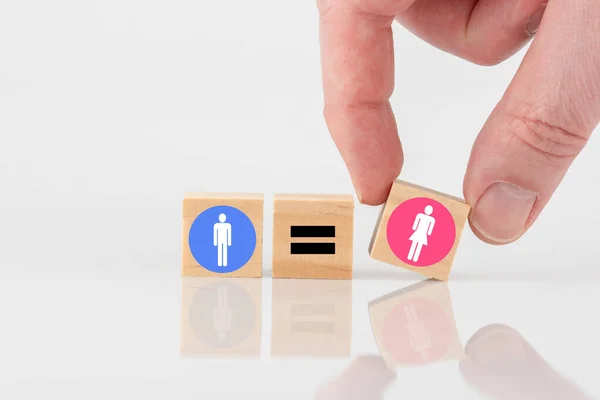 Três Cubos Madeira Mostrando Igualdade Entre Dois Gêneros Fundo Branco — Fotografia de Stock