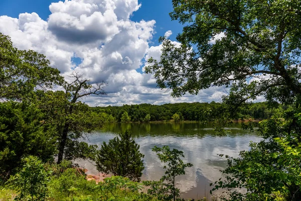 Reflektionen Den Molniga Himlen Floden Med Träd Förgrunden — Stockfoto