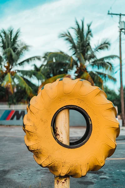Närbild Gummibil Hjul Målade Gul Trästolpen — Stockfoto
