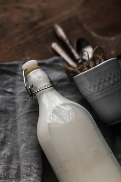 High Angle Shot Bottle Milk Utensils Baking Wooden Table — Stock Photo, Image