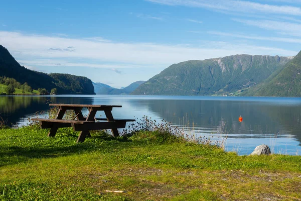 Empty Wooden Bench Relaxation Lake Norway — Stock Photo, Image