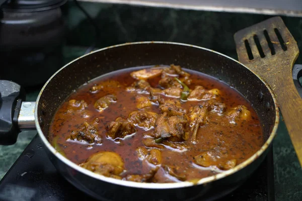 Closeup Appetizing Chicken Spicy Curry Being Cooked Kadhai Kitchen — Stock Photo, Image