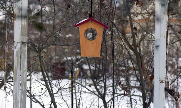 Selective Focus Shot Hanging Bird House Garden Covered Snow — Zdjęcie stockowe