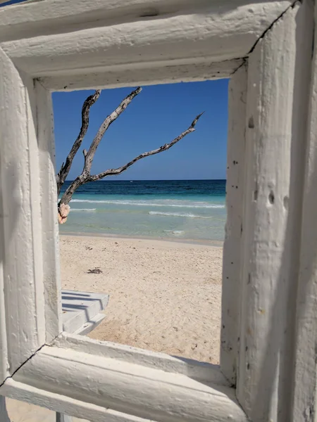 Paysage Plage Est Partir Cadre Bois Blanc — Photo