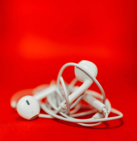 Isolated Shot White Earphones Red Background — Stock Photo, Image