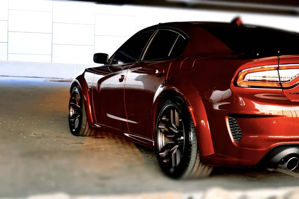 New Luxury Red Car Parked Indoors — Stock Photo, Image