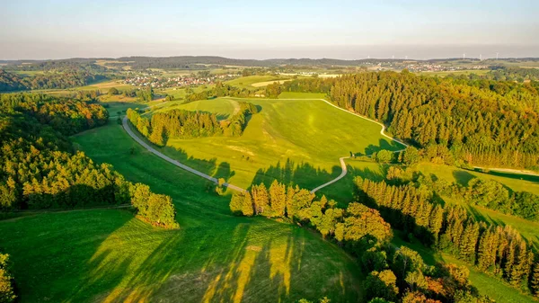 Een Luchtfoto Van Groene Dichte Bossen Een Zonnige Dag — Stockfoto