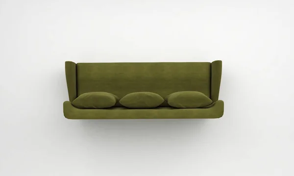 Uma Renderização Sofá Verde Confortável Com Travesseiro Isolado Fundo Branco — Fotografia de Stock