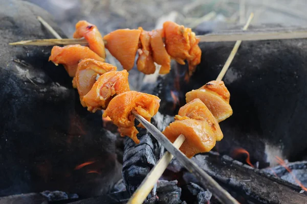 Arka Planda Bulanık Bir Şekilde Ateşte Pişen Barbekü Yakın Plan — Stok fotoğraf