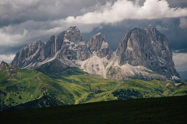 Fantastický Výhled Hory Sassolungo Sassopiatto Dolomitech Itálii Sella Pass Vysoké — Stock fotografie