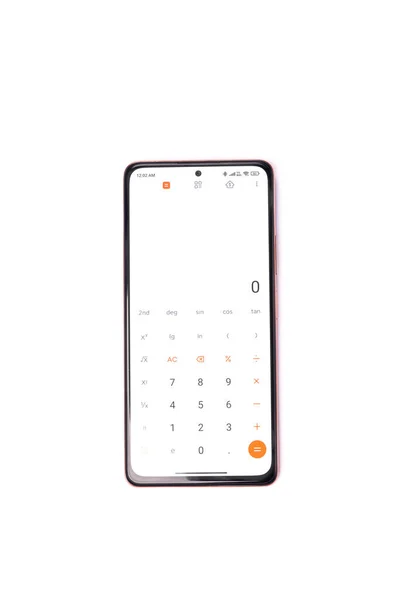 Smartphone Som Visar Kalkylatorn App Isolerad Vit Bakgrund — Stockfoto