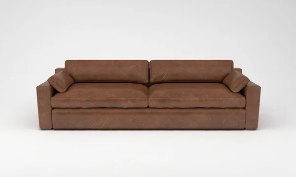 白い背景に隔離された茶色の革のソファの3Dレンダリング — ストック写真