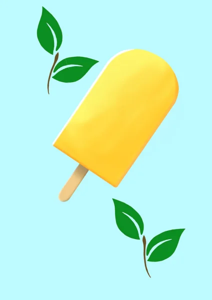 Una Ilustración Helado Amarillo Sobre Fondo Azul Con Hojas —  Fotos de Stock