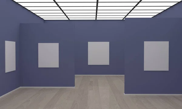 一个带有空画框的艺术馆的三维渲染 — 图库照片
