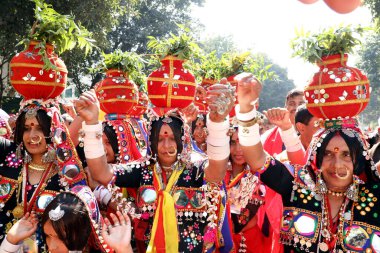 NEW DELHI, INDIA - Feb 15, 2020: The traditional dance of Banjara ,Lambadi, Sugali, the celebration of Santh Sri Sevalal Maharaj Jayanti clipart