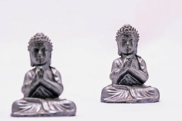 Een Opname Van Boeddhistische Zilveren Beelden Die Naast Elkaar Bidden — Stockfoto