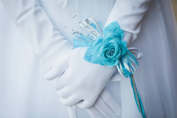 Closeup Shot Female Hands Long Gloves Blue Flower Shape — Stock Photo, Image