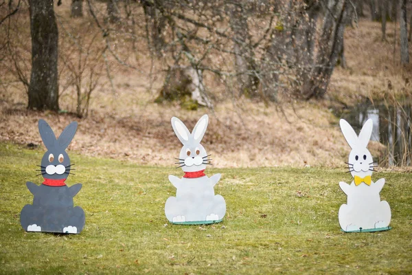 一张装饰复活节兔子的特写照片坐在草地上 — 图库照片