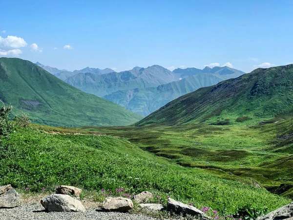 Paysage Herbeux Une Vallée Avec Fond Chaîne Montagnes — Photo