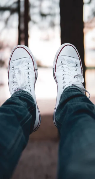 Selective Focus Shot Pair White Rubber Shoes Worn Male — Stock Photo, Image