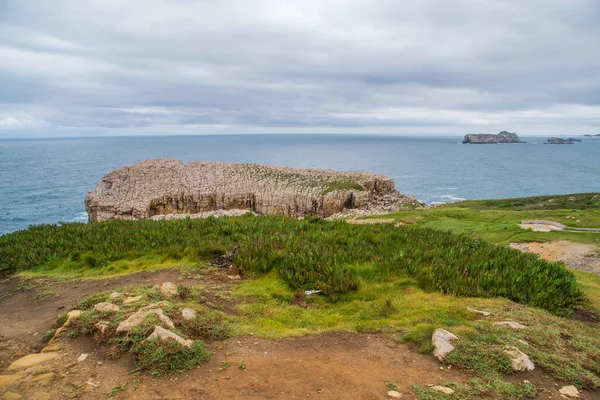 Красивая Зеленая Скала Скалами Выходящими Море Пасмурный День — стоковое фото