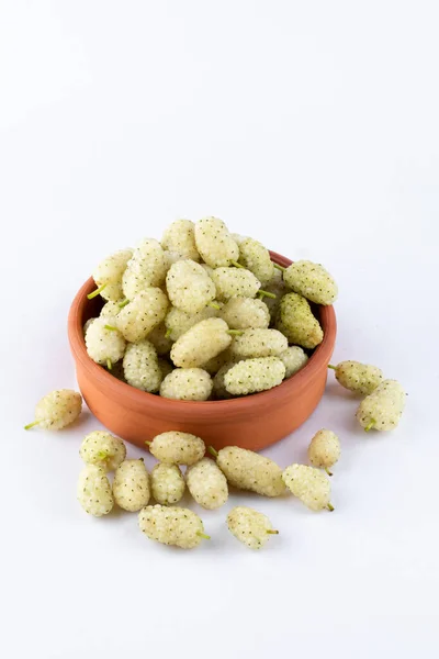 Vertical Shot Clay Pot Full Fresh White Mulberries Plain White — Stock Photo, Image