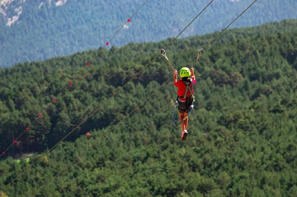 Lycklig Flicka Glida Extrem Väg Vagn Zipline Skogen Karbinhake Säkerhet — Stockfoto