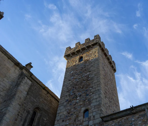 明るい晴れた日にスペインのカセレスの塔と古い建物の低角度ショット — ストック写真