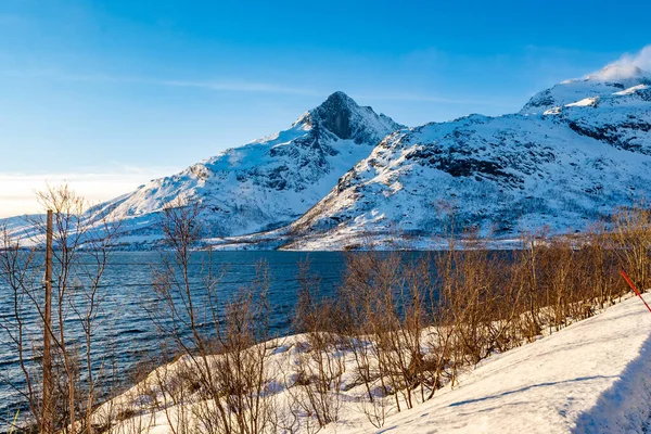 Kaunis Näkymä High Lunta Vuorille Lähellä Tromso Helmikuussa — kuvapankkivalokuva