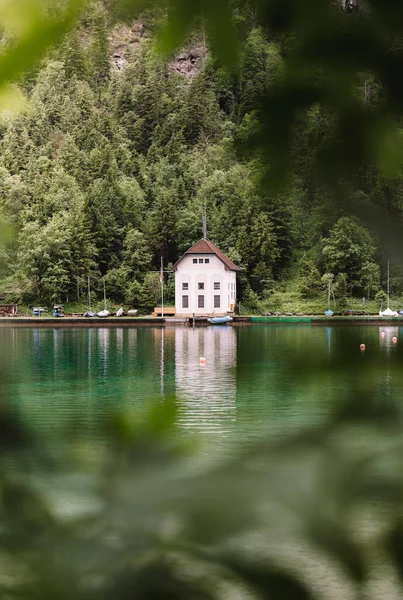 Plano Vertical Una Casa Bahía Lago Rodeado Árboles —  Fotos de Stock