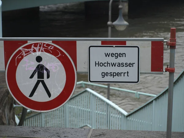 Muelheim Der Ruhr Germany Jul 2021 German Warning Sign Flooding — Stock Photo, Image