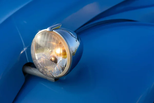 Closeup Shiny Silver Headlight Blue Car — Stock Photo, Image