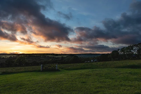 緑の牧草地に沈む夕日のオレンジ色の空の美しい景色 — ストック写真