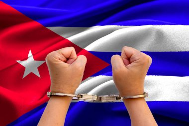 Close up view of two Hands of a handcuffed woman in shackles with the Cuban flag in the background. Cuba libre clipart