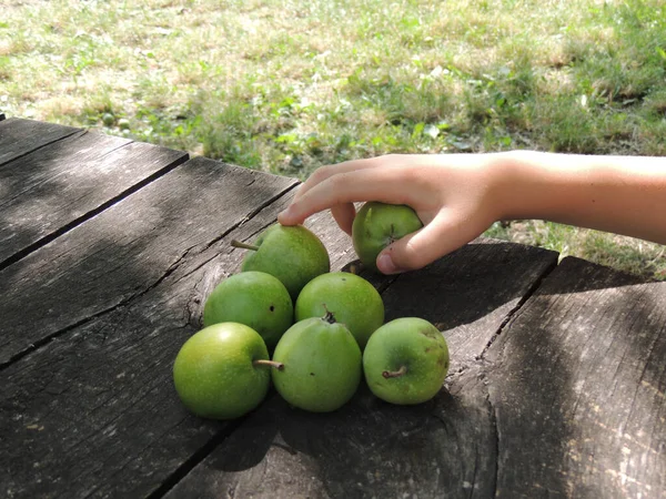 Pile Green Apples Wooden Table Park Hand Holding — Stock Photo, Image