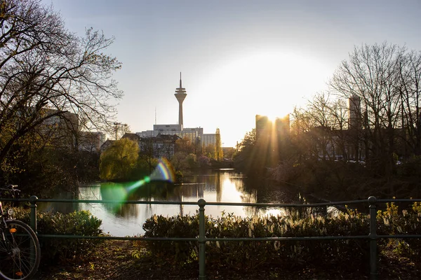 Schoonheid Schwanenspigelteich Düsseldorf Bij Zonsondergang — Stockfoto