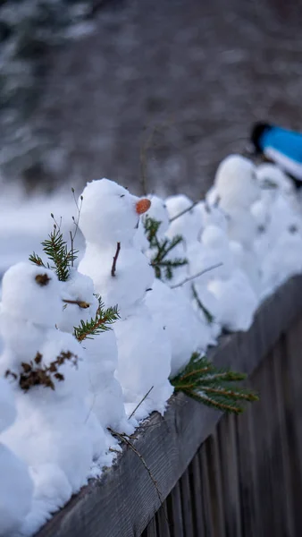 Вертикальний Крупним Планом Знімок Невеликих Сніговиків Побудований Паркані — стокове фото