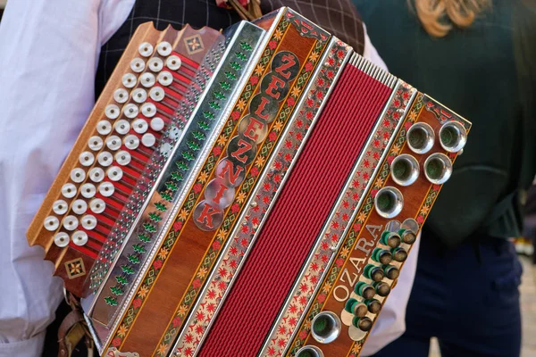 Lviv Ukraine 2019年8月22日 一位民俗音乐家在音乐节上举行的塞拉尼卡 奥萨拉手风琴特写 — 图库照片